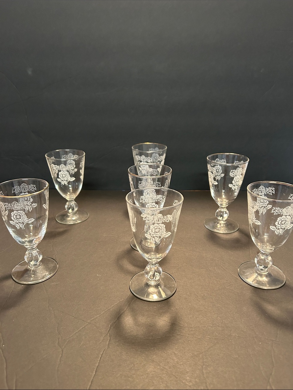 Rare Vintage Queen Esther Etched Rose Pattern Crystal Goblet - Clear (Set of 7)
